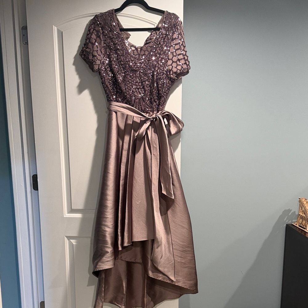 Chic High-Low Mauve Short Sleeve Sequin Dress Size 12